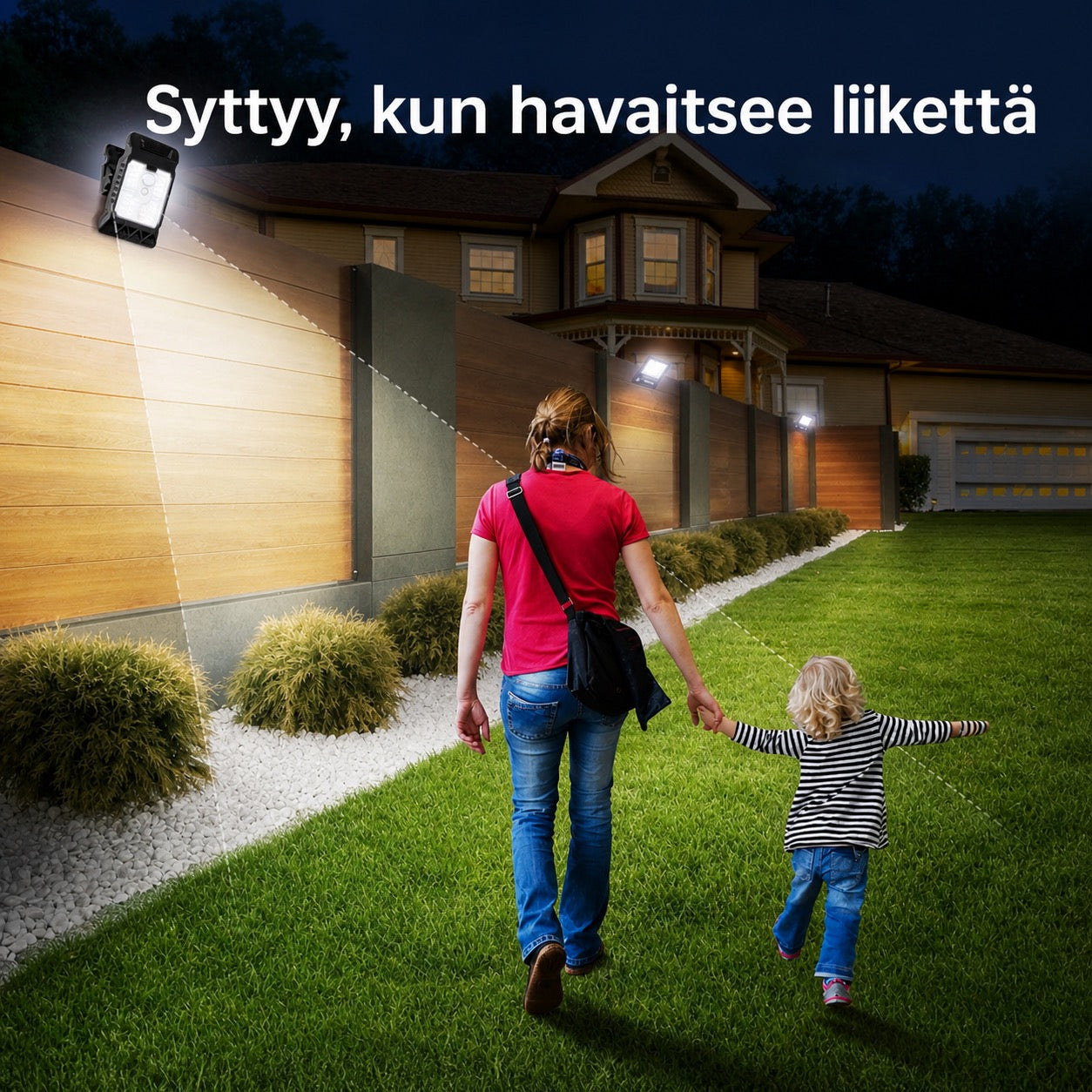 Aurinkokäyttöinen ulkovalo liiketunnistimella ja klipsikiinnityksellä