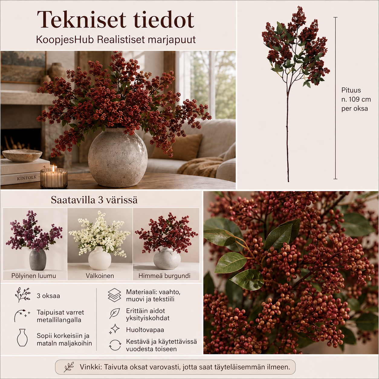Realistiset marjaoksat (3 kpl:n pakkaus) – syksyn kodikkain sisustusyksityiskohta