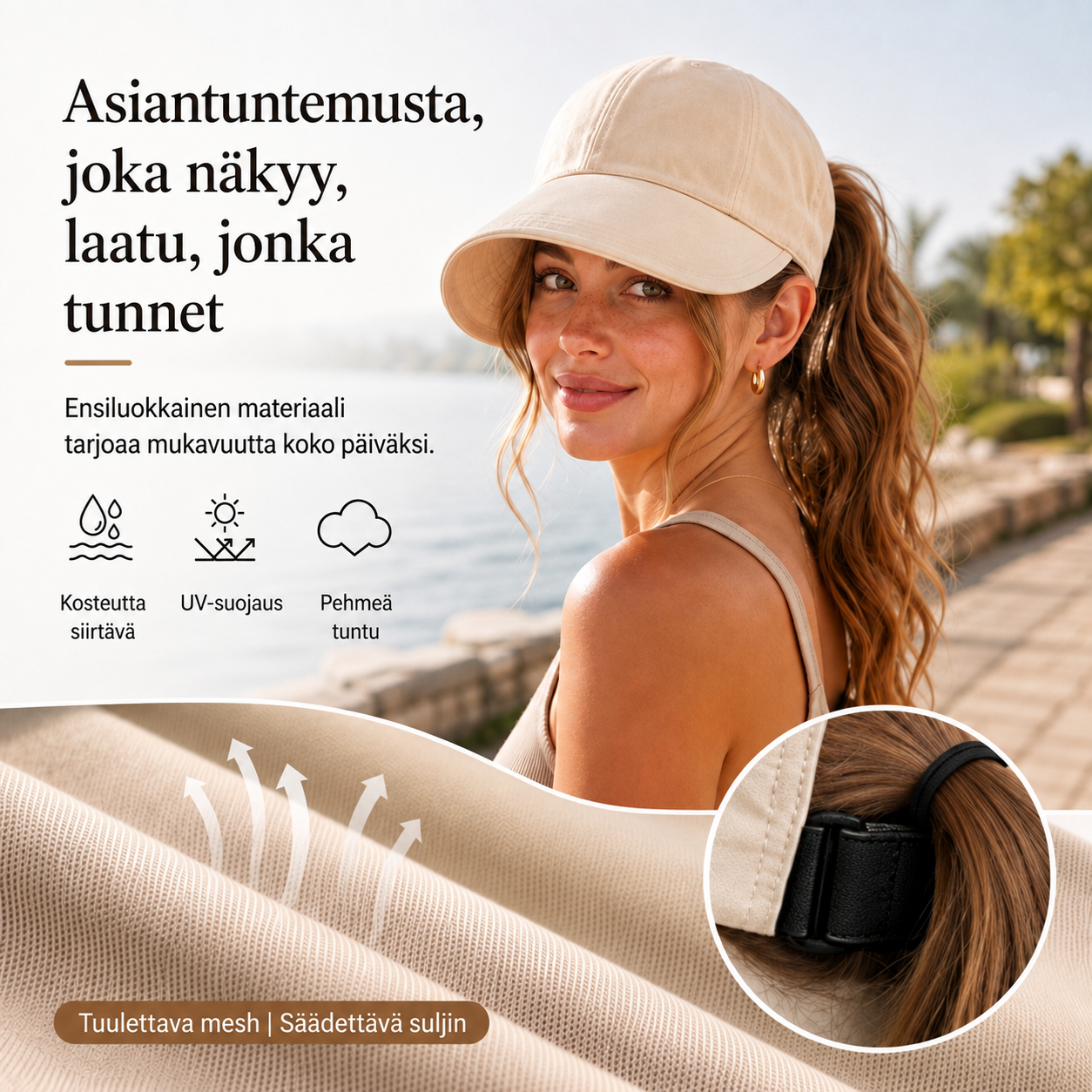 Aurinkohattu poninhäntäaukolla