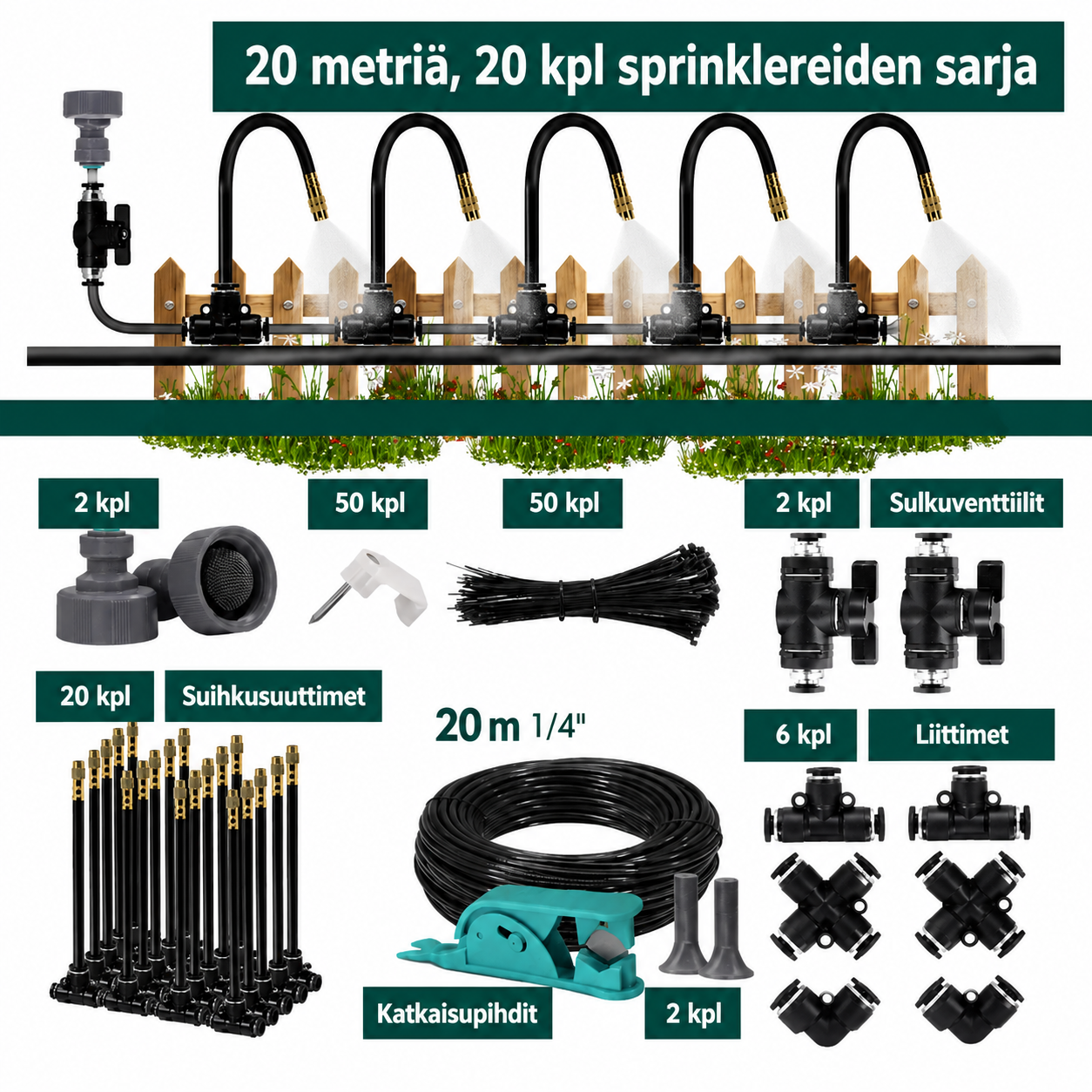 Kastelujärjestelmä: Sarja letkulla ja venttiileillä