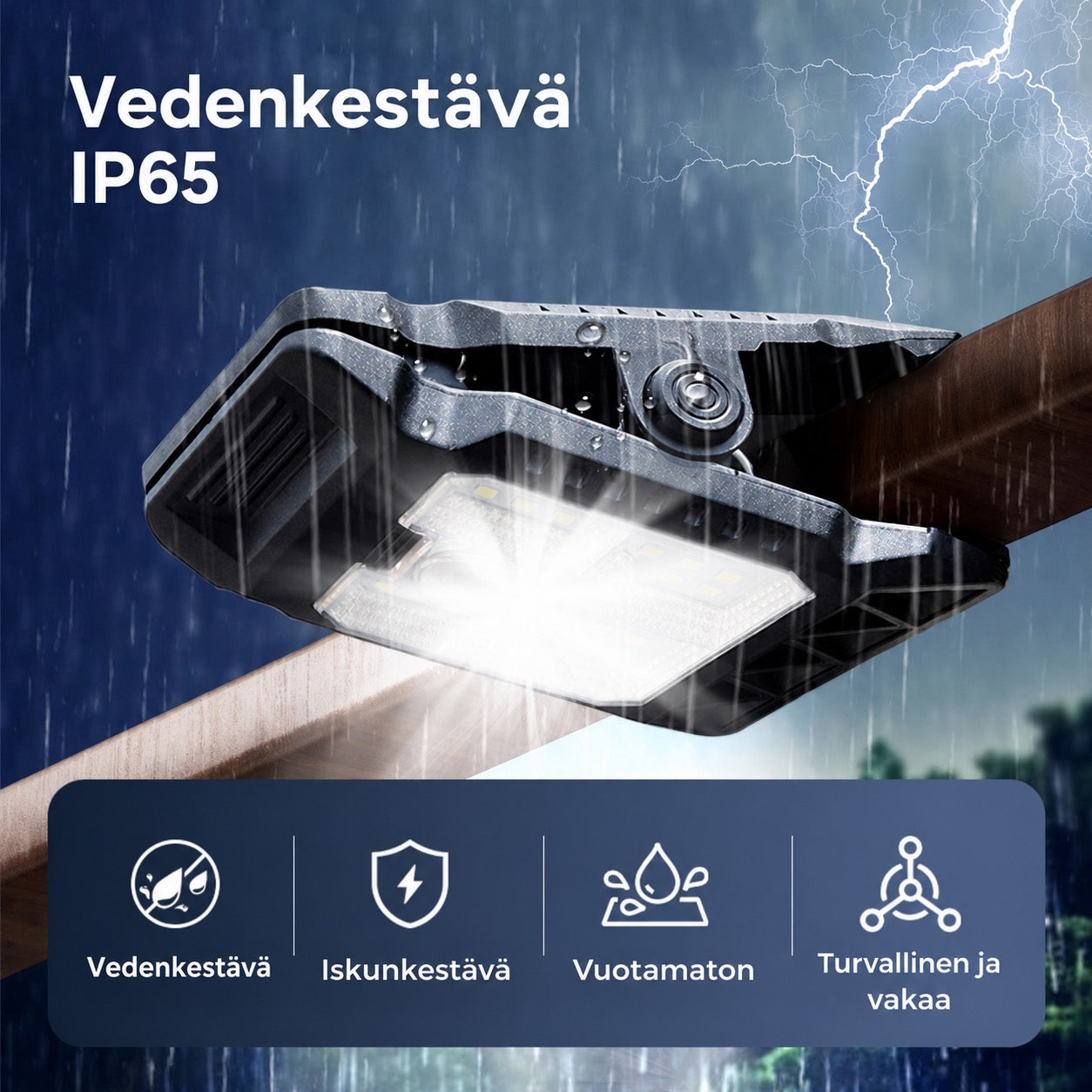 Aurinkokäyttöinen ulkovalo liiketunnistimella ja klipsikiinnityksellä