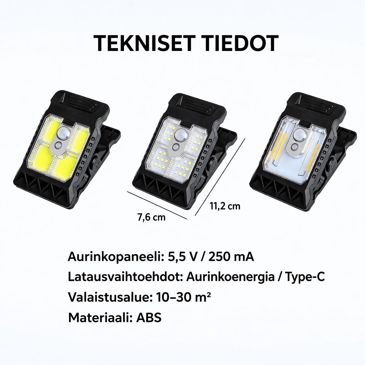Aurinkokäyttöinen ulkovalo liiketunnistimella ja klipsikiinnityksellä