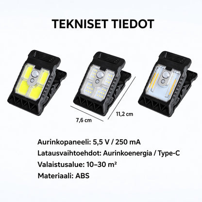 Aurinkokäyttöinen ulkovalo liiketunnistimella ja klipsikiinnityksellä