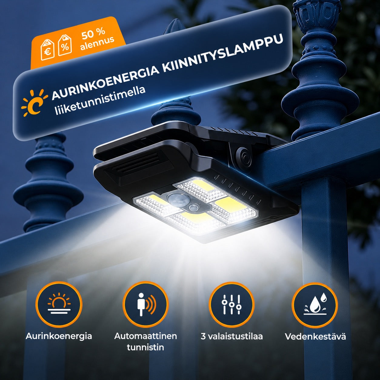 Aurinkokäyttöinen ulkovalo liiketunnistimella ja klipsikiinnityksellä