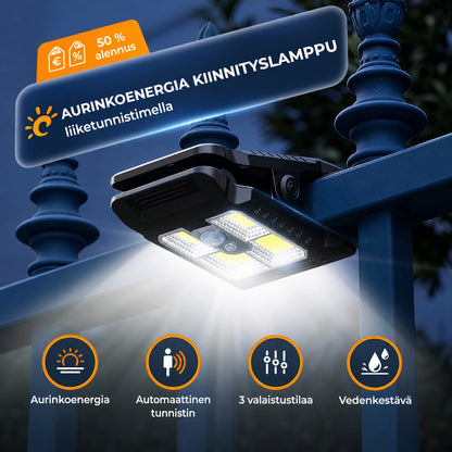 Aurinkokäyttöinen ulkovalo liiketunnistimella ja klipsikiinnityksellä