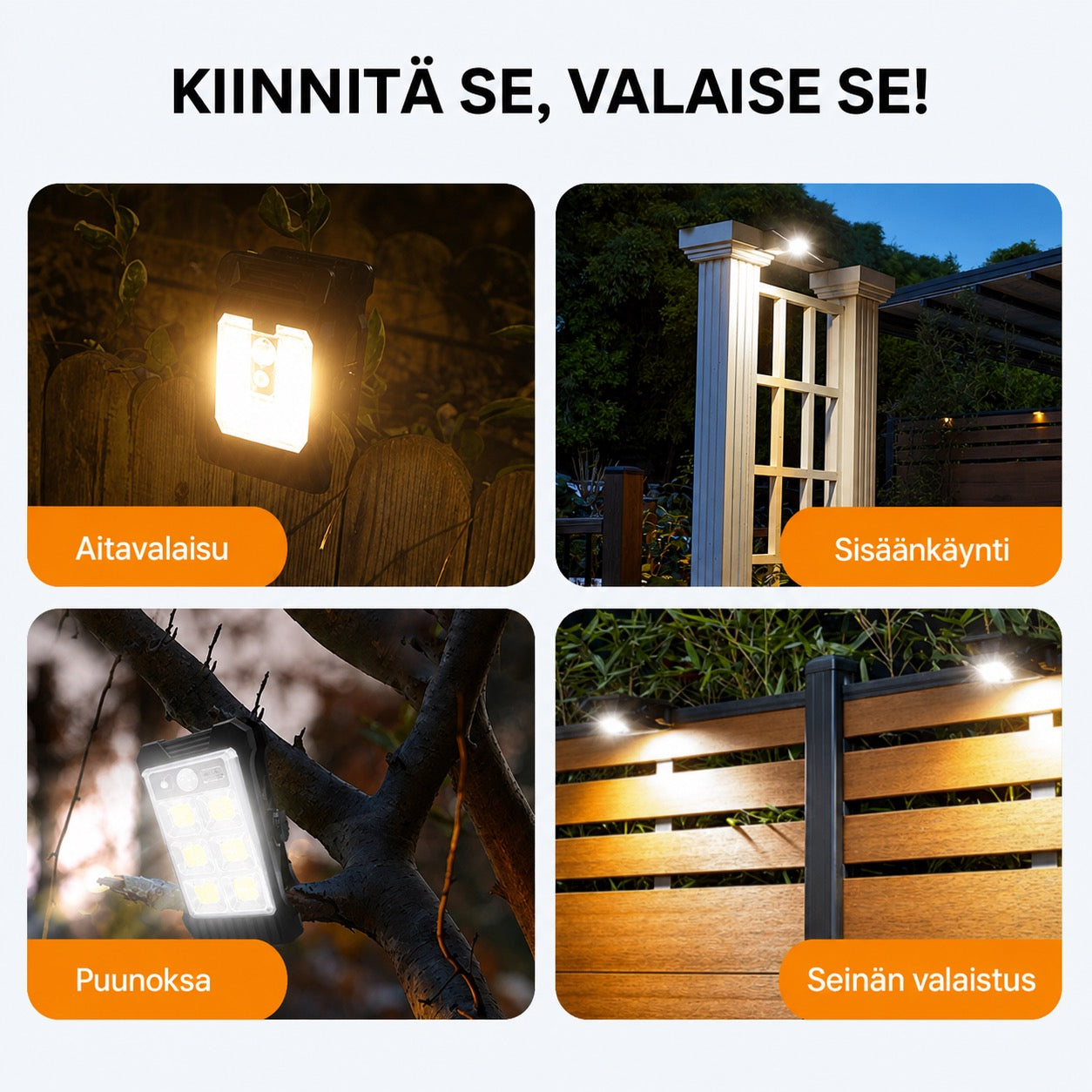 Aurinkokäyttöinen ulkovalo liiketunnistimella ja klipsikiinnityksellä