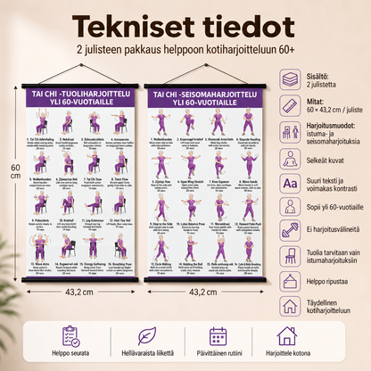 Tai Chi -tuoliharjoittelu – 2 julisteen setti helppoon kotiharjoitteluun (60+)