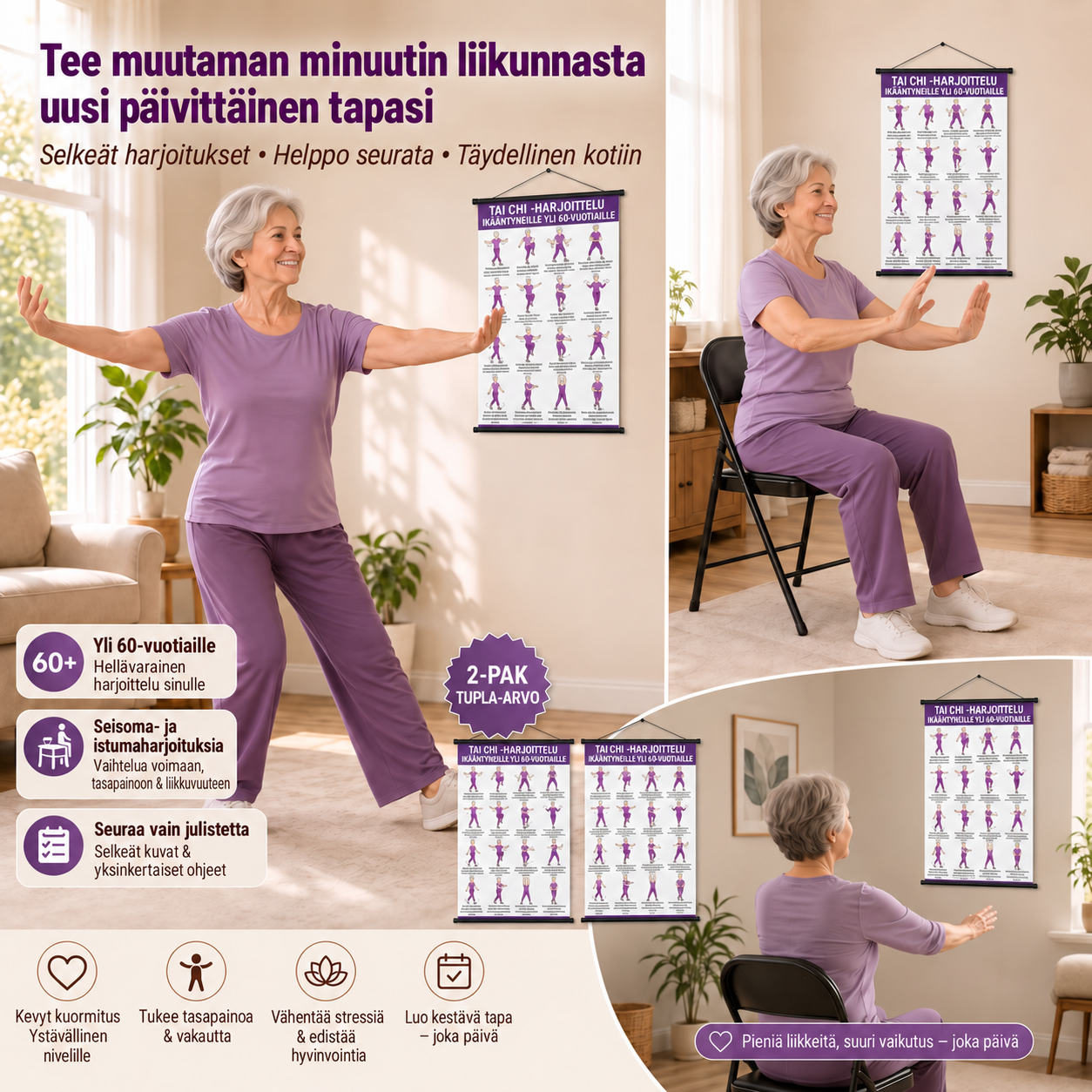 Tai Chi -tuoliharjoittelu – 2 julisteen setti helppoon kotiharjoitteluun (60+)