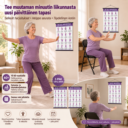 Tai Chi -tuoliharjoittelu – 2 julisteen setti helppoon kotiharjoitteluun (60+)