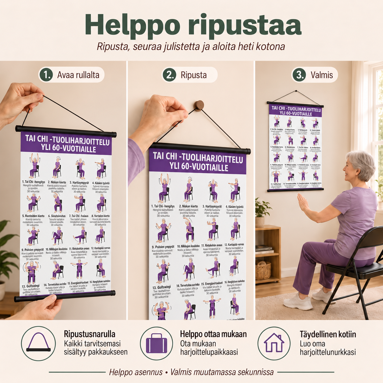 Tai Chi -tuoliharjoittelu – 2 julisteen setti helppoon kotiharjoitteluun (60+)