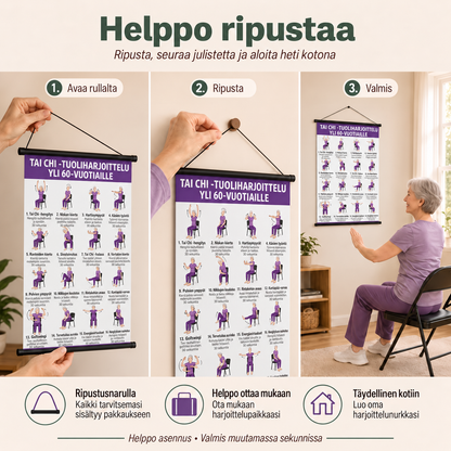 Tai Chi -tuoliharjoittelu – 2 julisteen setti helppoon kotiharjoitteluun (60+)