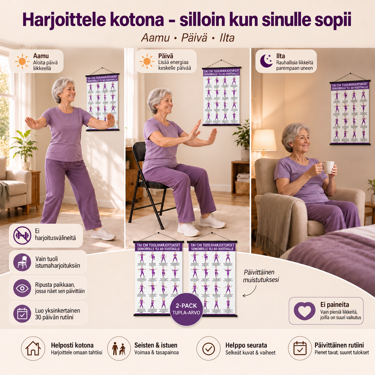 Tai Chi -tuoliharjoittelu – 2 julisteen setti helppoon kotiharjoitteluun (60+)