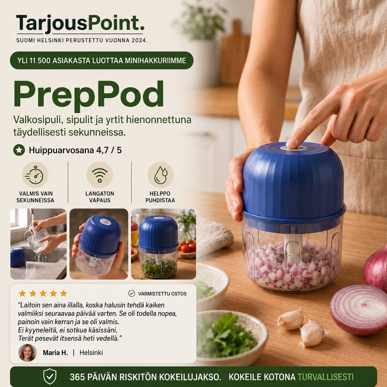 PrepPod – Langaton minisilppuri valkosipulille, sipulille ja yrteille sekunneissa