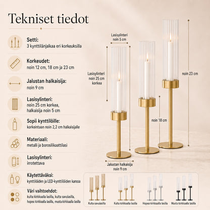 Tyylikkäät kynttilänjalat lasisylinterillä 3 eri korkeudessa
