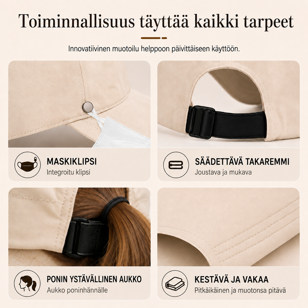 Aurinkohattu poninhäntäaukolla