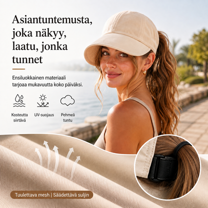 Aurinkohattu poninhäntäaukolla