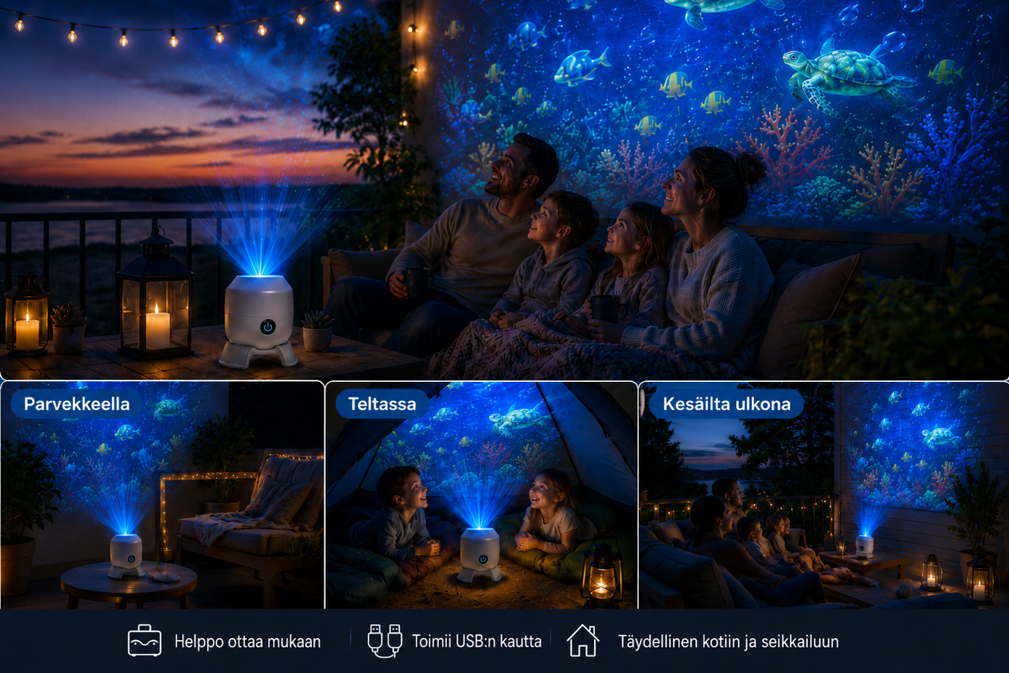 OceanWave-meriprojektori pyörivillä LED-valoilla – Luo taianomaisia iltoja