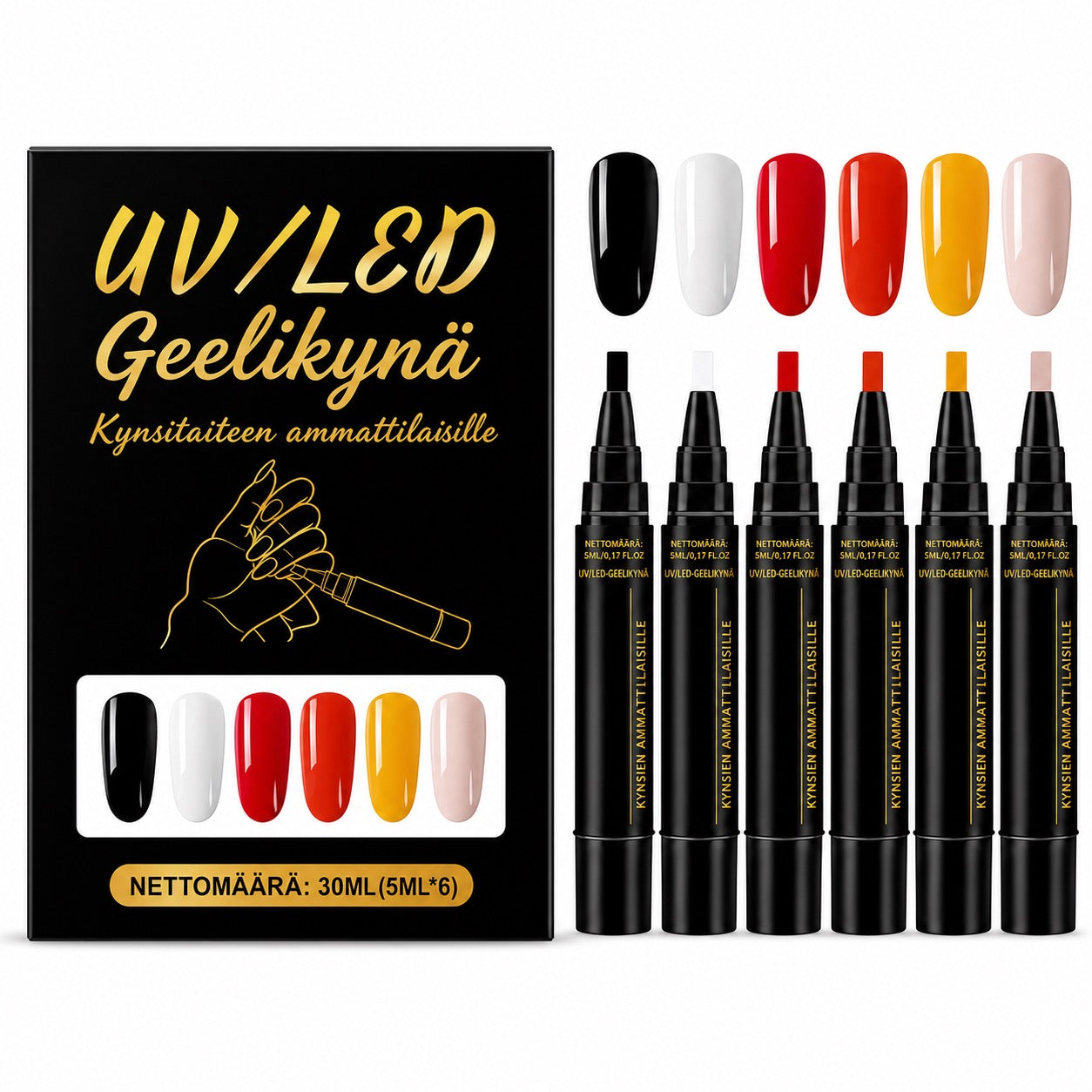 SalonPen – 3-i-1 gelpen til negle med UV-lampe (pakke med 6 stk.)
