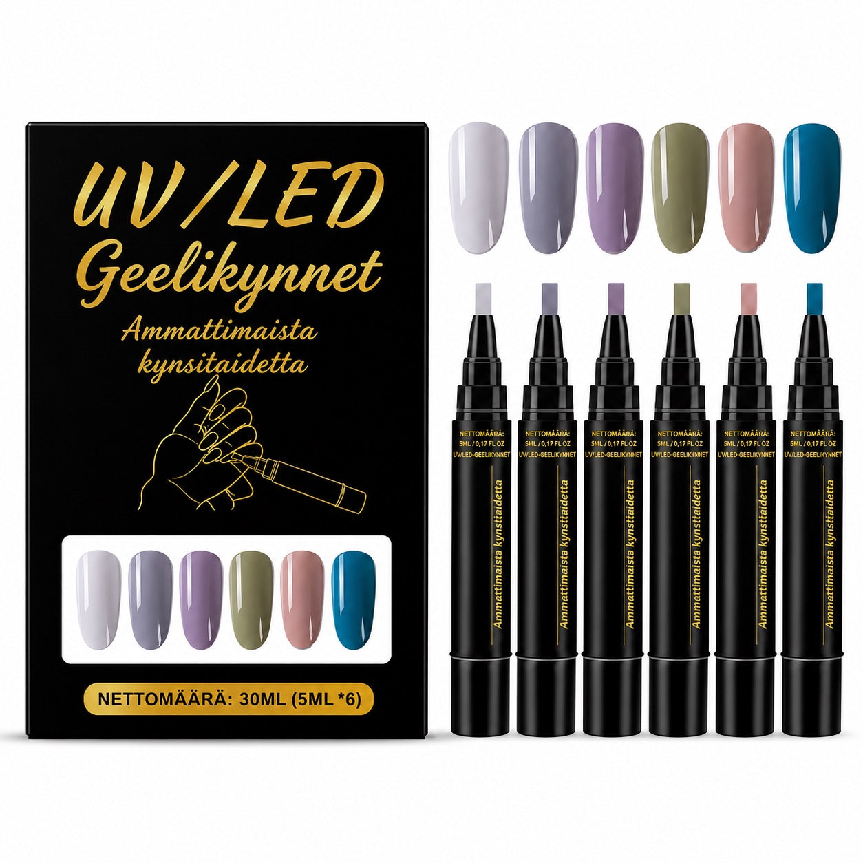 SalonPen – 3-i-1 gelpen til negle med UV-lampe (pakke med 6 stk.)