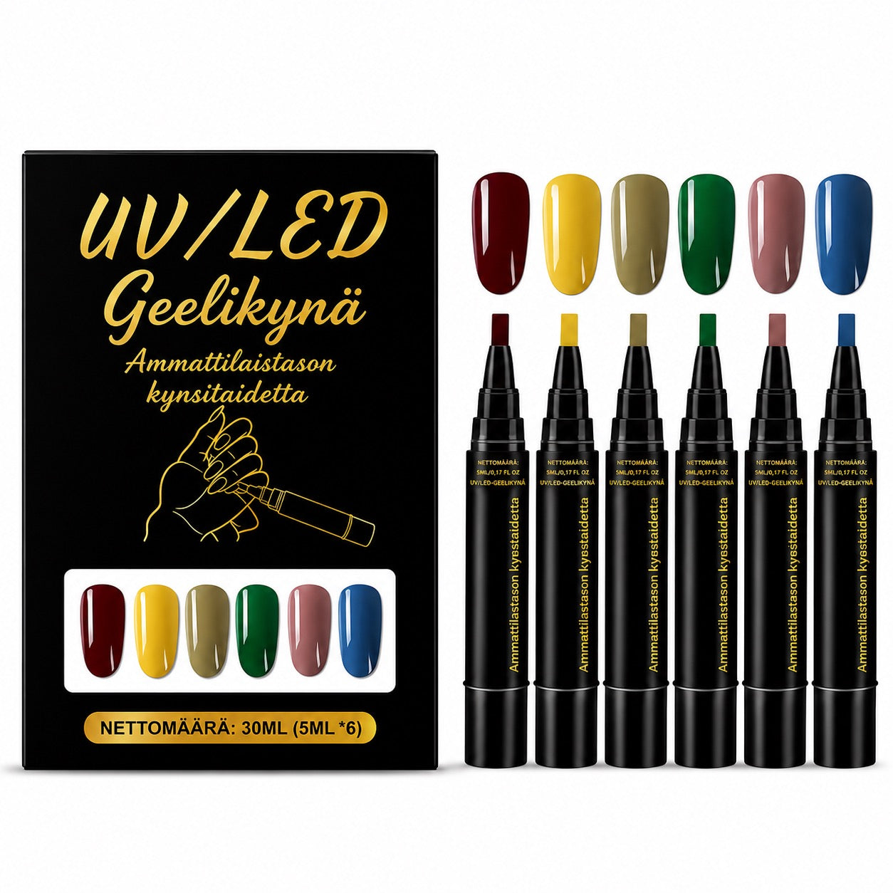 SalonPen – 3-i-1 gelpen til negle med UV-lampe (pakke med 6 stk.)