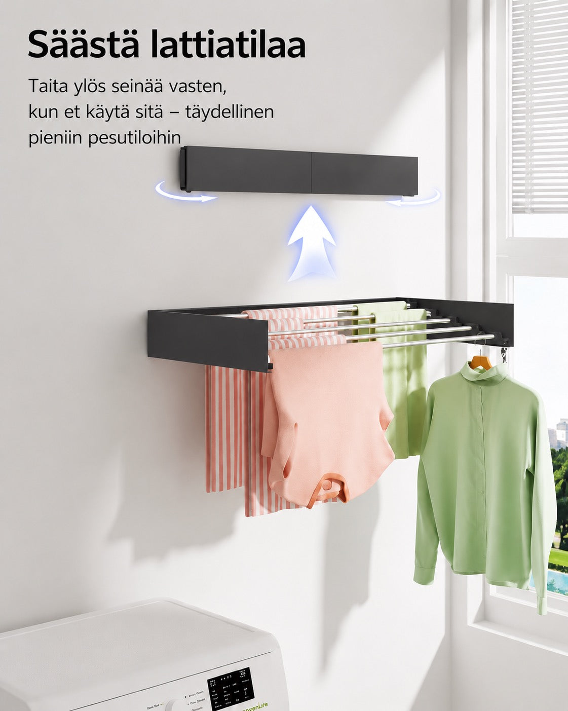 AirFold – Seinälle kiinnitettävä kuivausteline (taitettava ja tilaa säästävä)