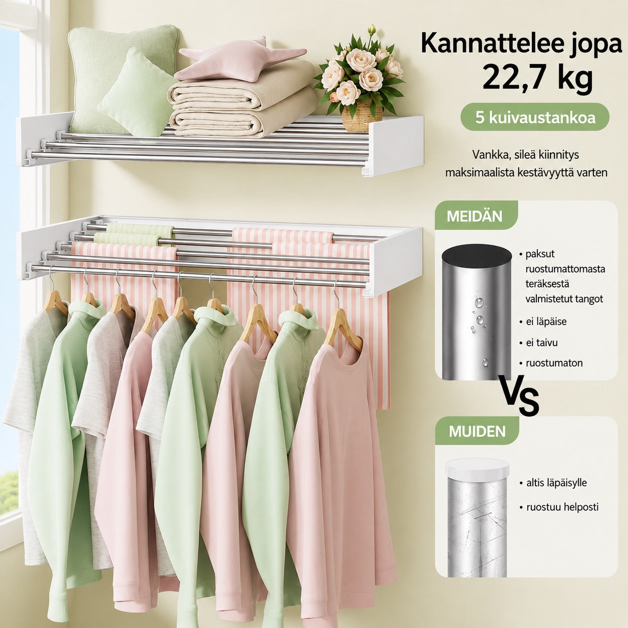 AirFold – Seinälle kiinnitettävä kuivausteline (taitettava ja tilaa säästävä)