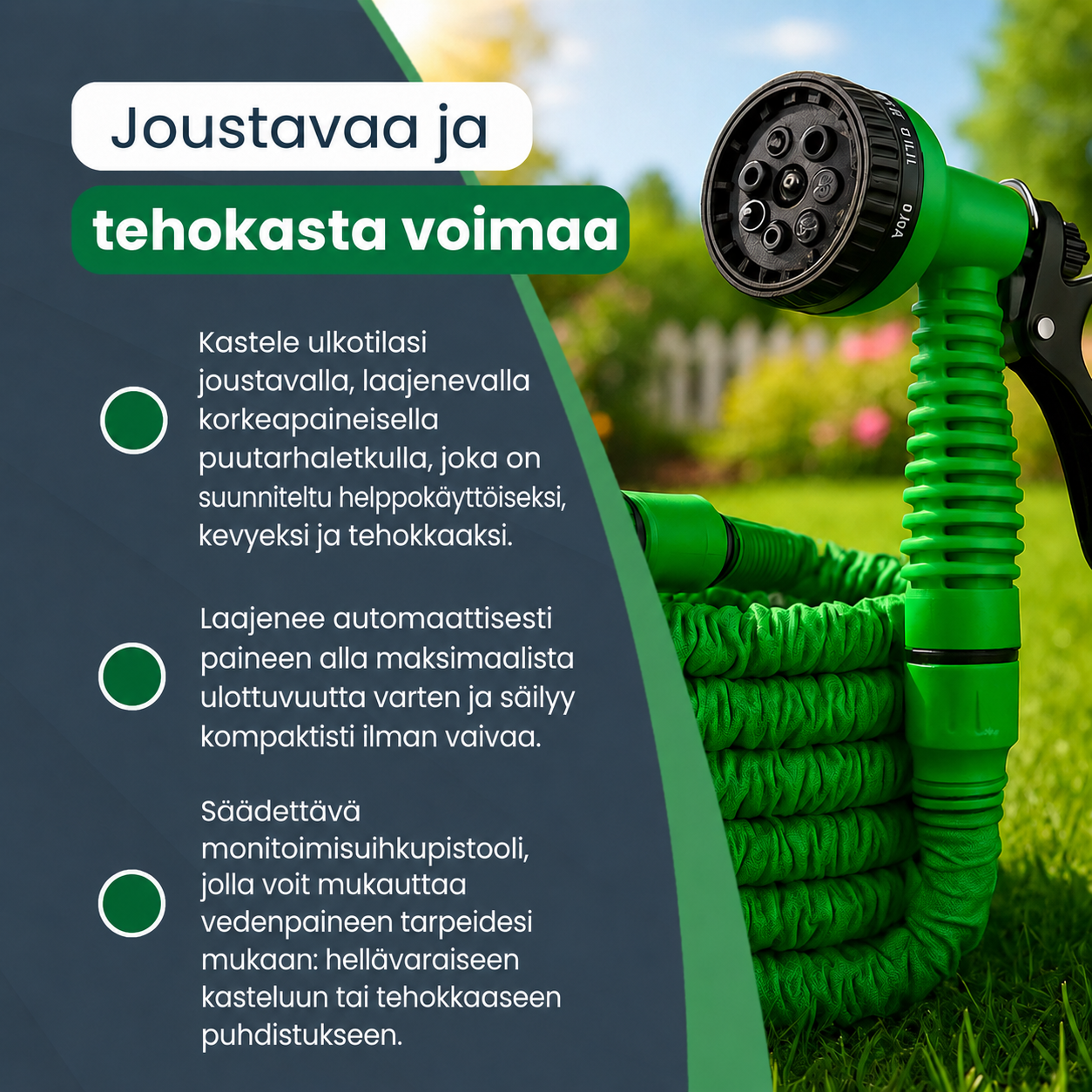 AQUAJET | Jatkettava korkeapaineinen puutarhaletku 8 suuttimella – Joustava, rullattava ja taittumaton