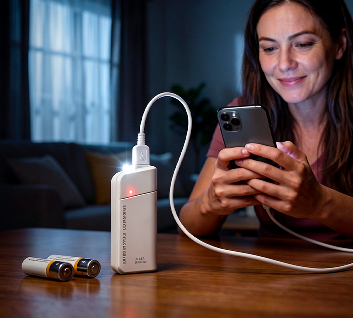 Kannettava varavirtalaturi AA-paristoilla – USB-lataus, kompakti ja LED-taskulampulla – täydellinen matkalle, työmatkoille ja sähkökatkoihin